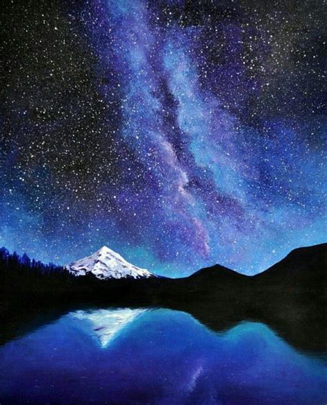 Acrylic painting, starry night with silhouette mountains and snowy ...