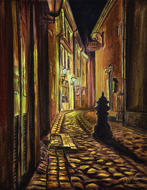 Old Town Street At Night Painting by Gynt Art