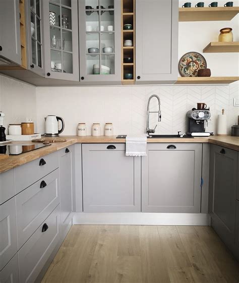 Kitchen ikea matte tile herringbone backsplash grey cabinets wood ...