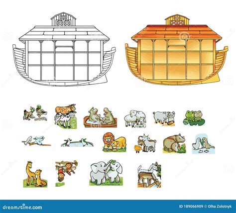 Ark of Noah. Contour Illustration and Color. Pairs of Animals Stock ...