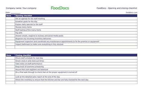 Opening and closing checklist - Free download | Checklist, Checklist ...