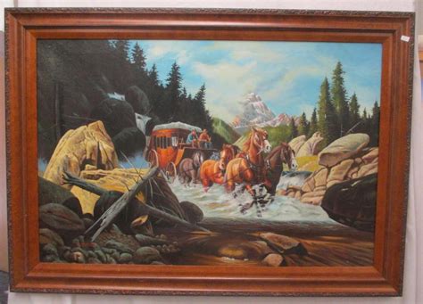 Lot - WESTERN PAINTING ON CANVAS. A scene with a stage coach crossing a ...