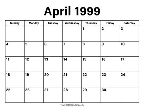 April 1999 Calendar – Printable Old Calendars