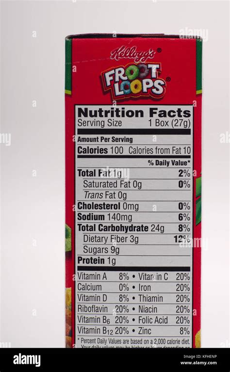 Nutrition Facts label for Kellogg’s Froot Loops cereal Stock Photo - Alamy