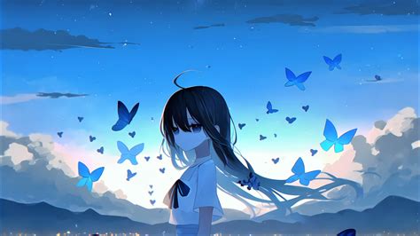 Sad girl Wallpaper 4K, Anime girl, Mood, Butterflies