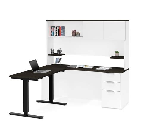 L-shaped Desk & Hutch with Height Adjustable Side, in White & Deep Gra ...