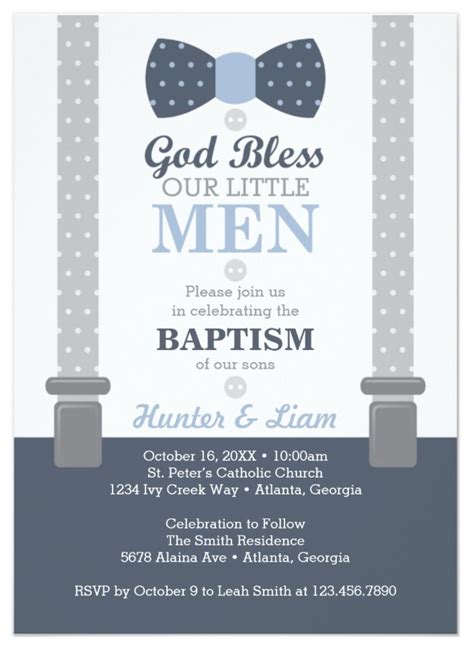 Twin Little Men Baptism Invitation, Blue, Gray Invitation | Zazzle