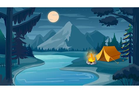 Mountain night camping. Cartoon forest landscape with lake, (1176207 ...