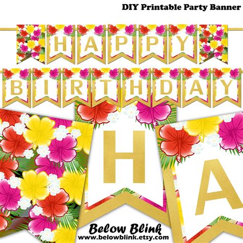 Happy Birthday Banner Printable Hawaiian Luau Party Decorations Floral ...