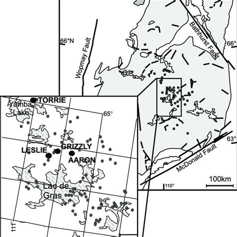 Location map showing the distribution of kimberlite pipes in the Lac de ...