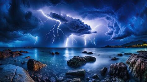 Premium AI Image | lightning strikes over the ocean