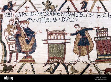 BAYEUX TAPESTRY King Harold at right swearing an oath on Holy Relics to ...