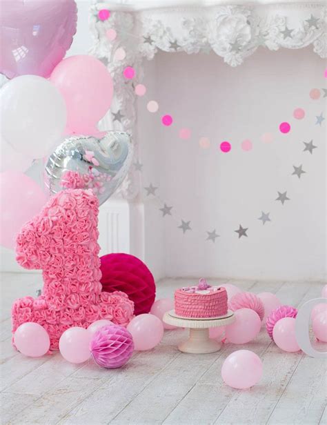 Pink Balloons And Fireplace For Baby 1 Birthday Photo Backdrop | 誕生日の背景 ...