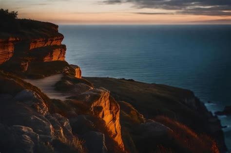 Premium AI Image | A sunset over the ocean with a cliff edge and a ...