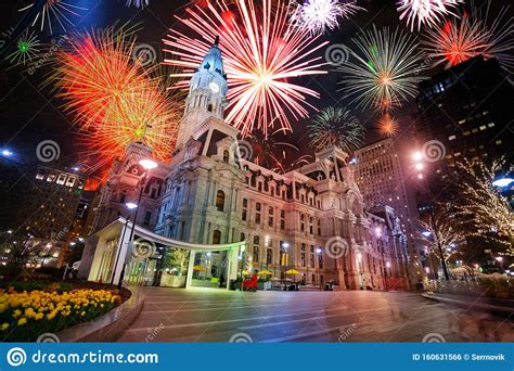 City Hall in Philadelphia, PA, USA and Fireworks Stock Photo - Image of ...