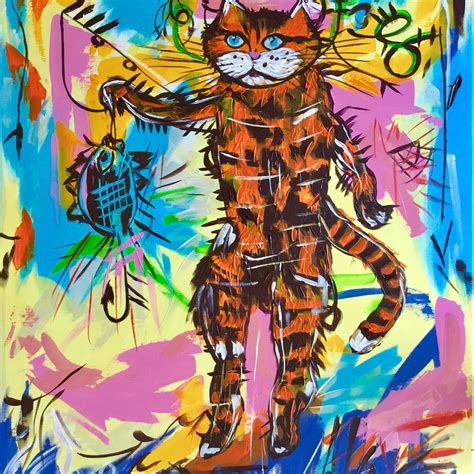 Big FISHING CAT INSPIRED BY JEAN MISHEL BASQUIAT PAINTING “Fishing ...