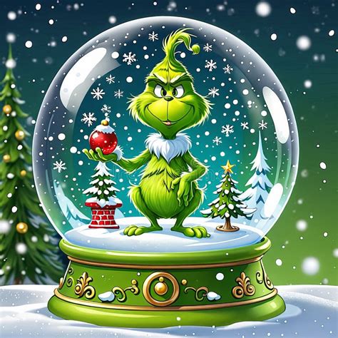 A Grinch Clipart Holding a Snow Globe Featuring a Tiny Whoville with ...