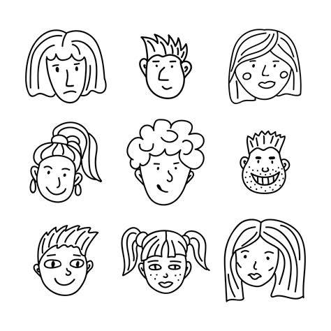 Vector doodle set people face. Line art hand drawn icons of human heads ...