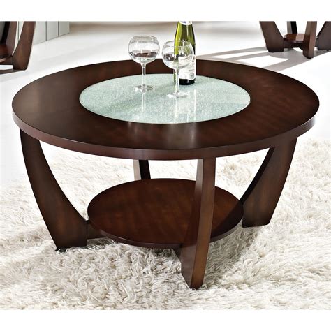 Rafael Round Coffee Table - Crackled Glass, Dark Cherry Wood | DCG Stores