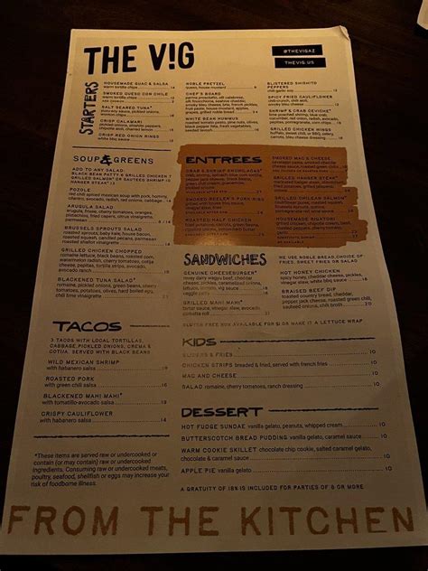 Menu at The VIG North Central restaurant, Phoenix