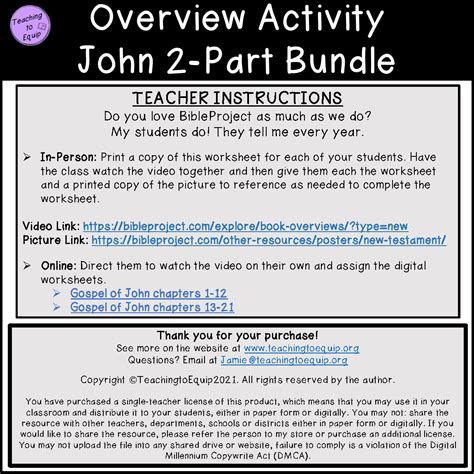 Summary of the Gospel of John Bible book overview activity | Made By ...