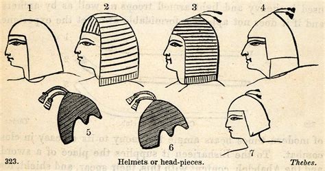 1854 Woodcut Ancient Thebes Egyptian Headpieces Helmets Archaeology ...