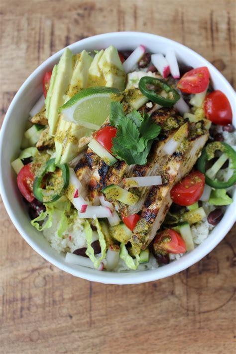 Cauliflower Rice Burrito Bowl with Chili Lime Cilantro Grilled Chicken ...