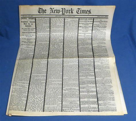 Original NEW YORK TIMES Civil War Newspaper 1865 April 15 LINCOLN SHOT ...