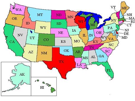 Map of the United States with color delineation of the States