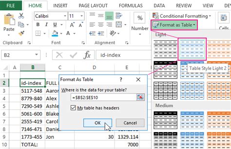 Automatic creation and formatting tables in Excel