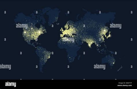 World map illustration, earth planet lights at night. Worldwide ...