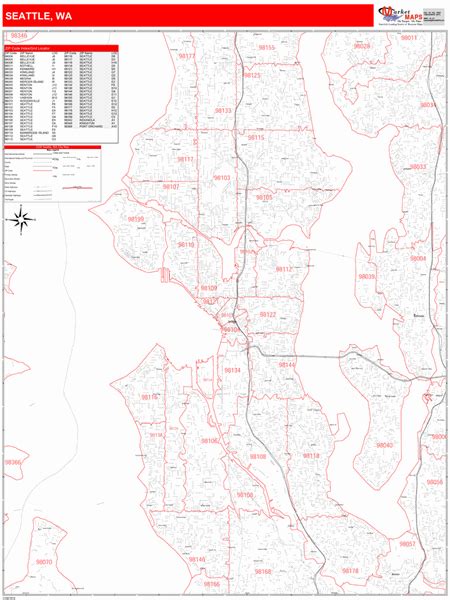 Seattle Washington Zip Code Wall Map Red Line Style By