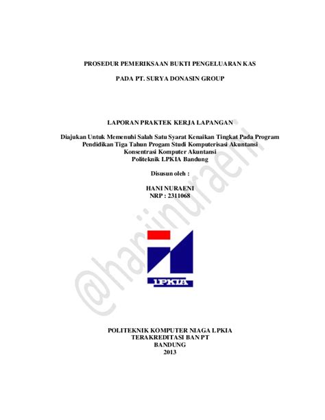 Pdf Contoh Cover Laporan Pkl 160 Jam Smt4 Politeknik Lpkia Hani