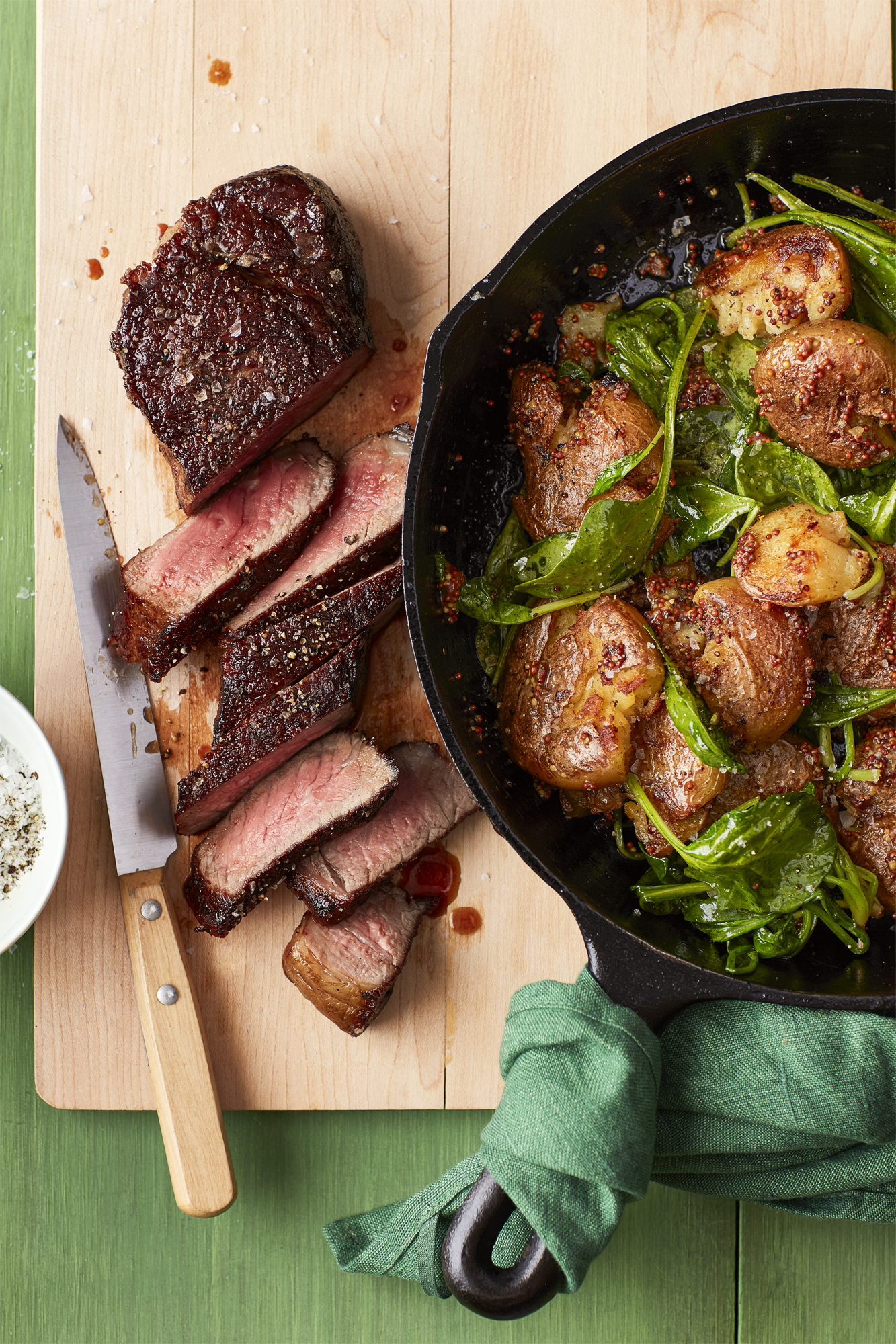 Best Bistro Steak with Mustard Smashed Potatoes and Spinach Recipe