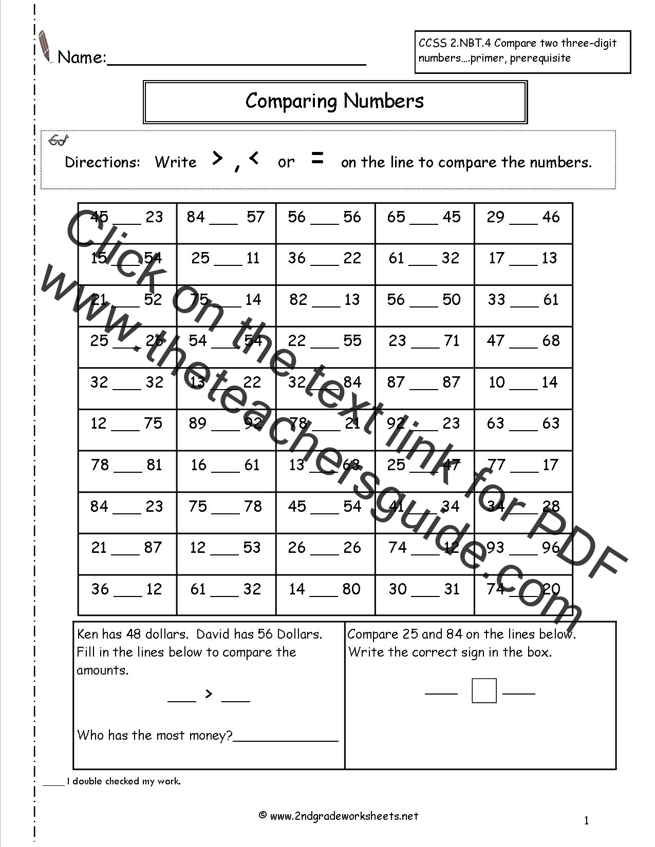 Comparing 2 Digit Numbers Worksheets image.