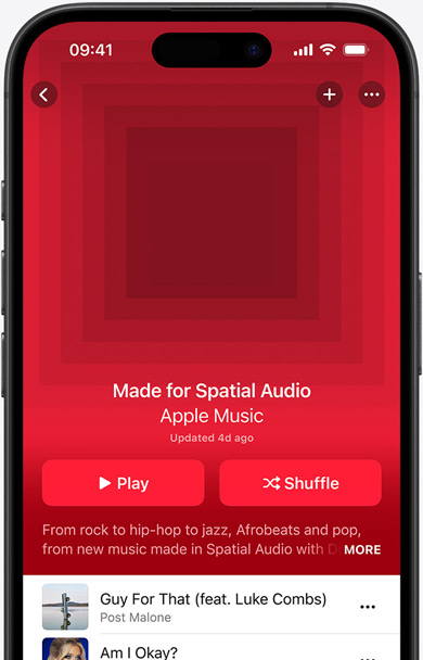 iPhone screen with Made for Spatial Audio playlist cover art in the Apple Music app