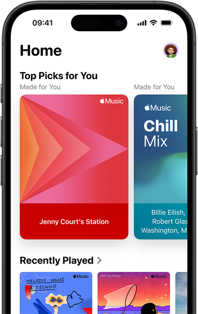 Apple Music Home tab screen on iPhone, Top Picks for You carousel showing Jenny Court's personalised stations and playlists