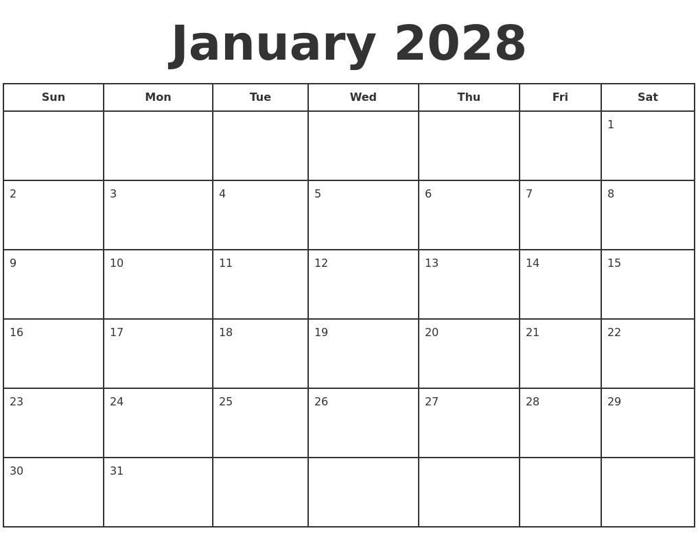 January 2028 Print A Calendar