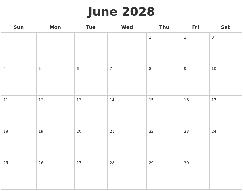 June 2028 Blank Calendar Pages