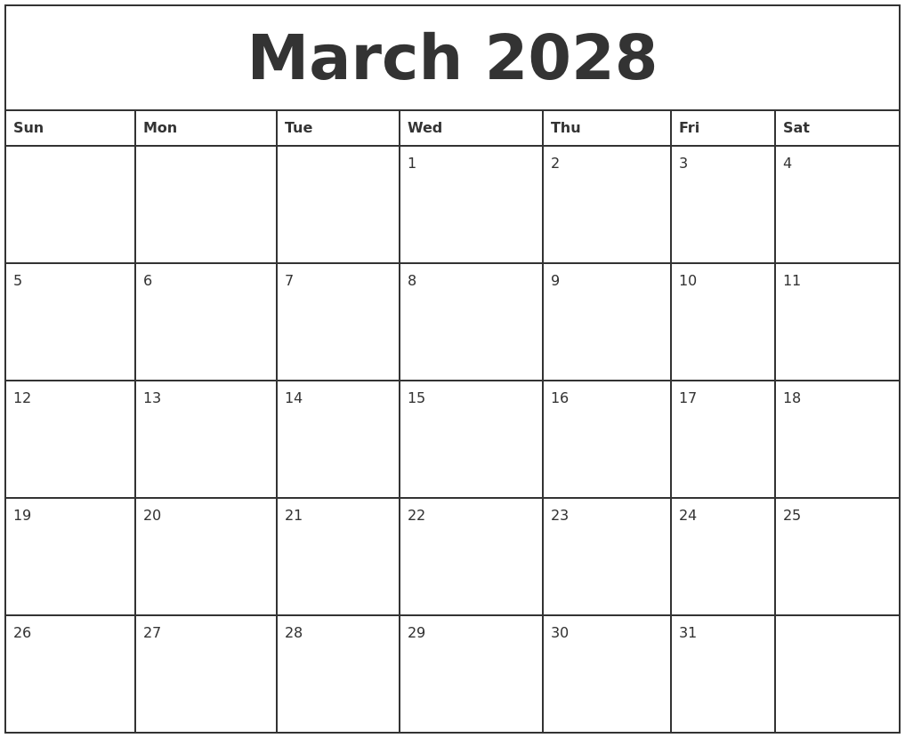 March 2028 Printable Monthly Calendar