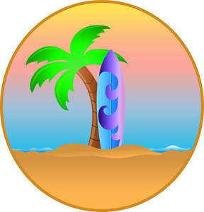 Surfboard Clipart Image - Surfboard on a Tropical Beach in Hawaii