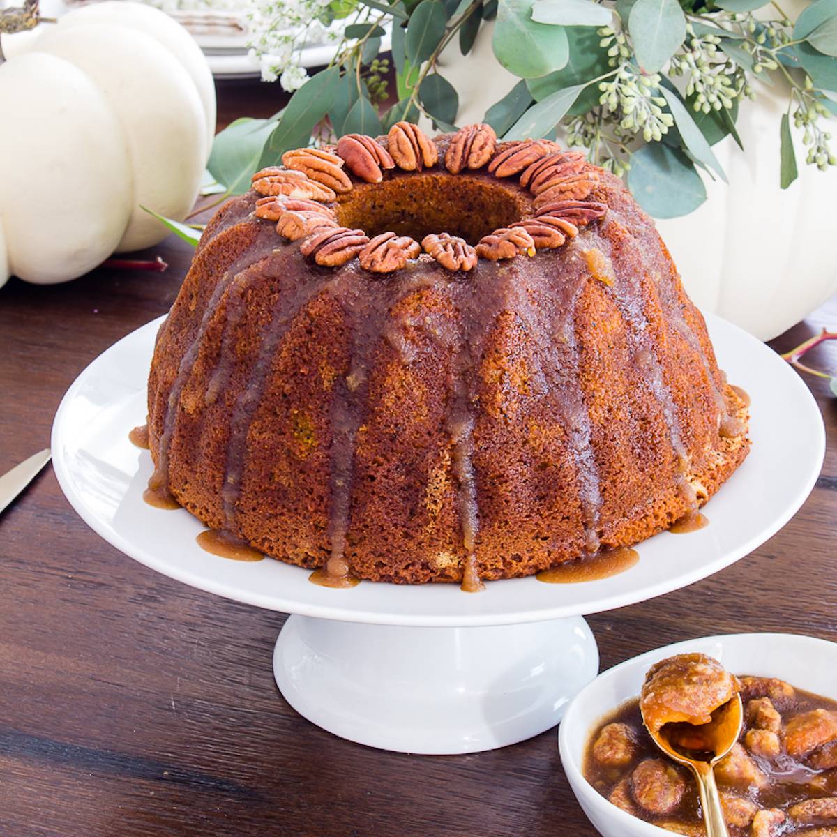 chai pumpkin bundt cake on a white plate