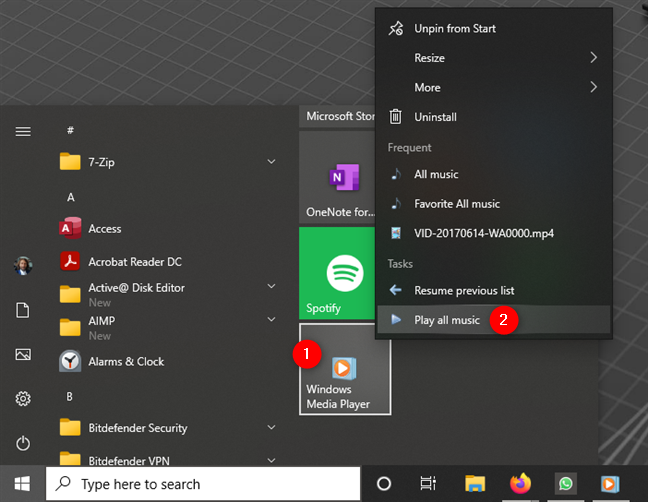 How to play all music in Windows Media Player using its pinned shortcut