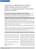 Cover page: An intensive longitudinal cohort study of Malian children and adults reveals no evidence of acquired immunity to Plasmodium falciparum infection.