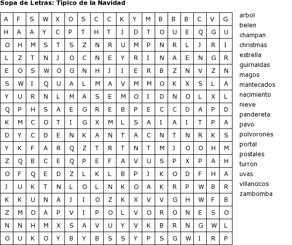 Pasatiempos para Imprimir: Sopa de Letras - Típico de la Navidad