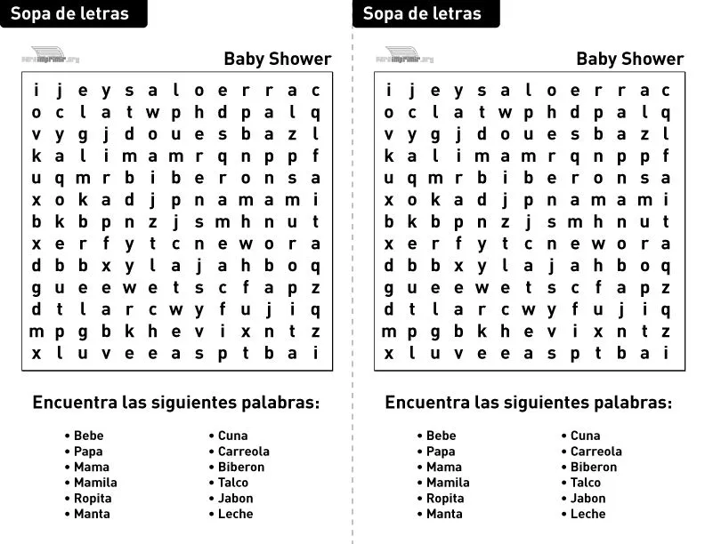 Sopa de letras de Fiesta para Bebé para imprimir