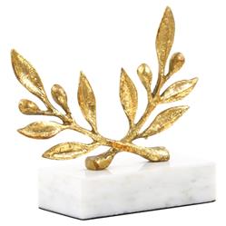 Villa & House Olive Branch Gold Leaf Metal White Marble Base Sculpture