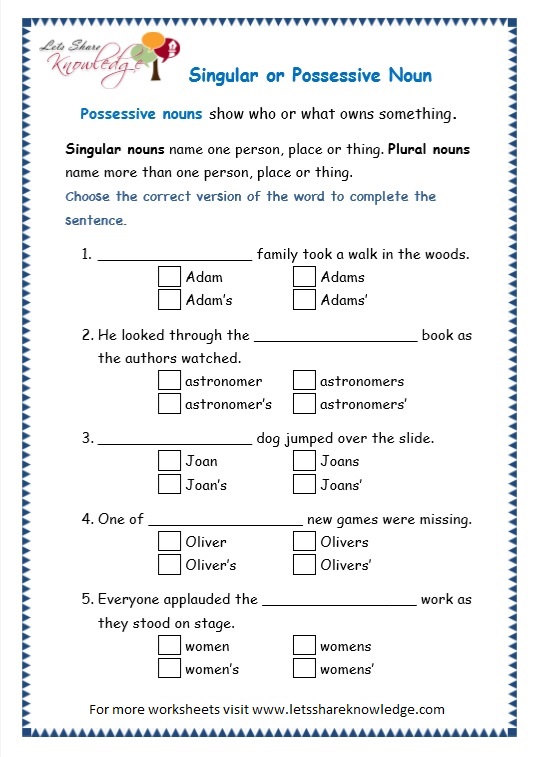 Singular Possessive Nouns Worksheets image.