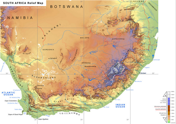 South Africa Physical Map - South Africa • mappery image.