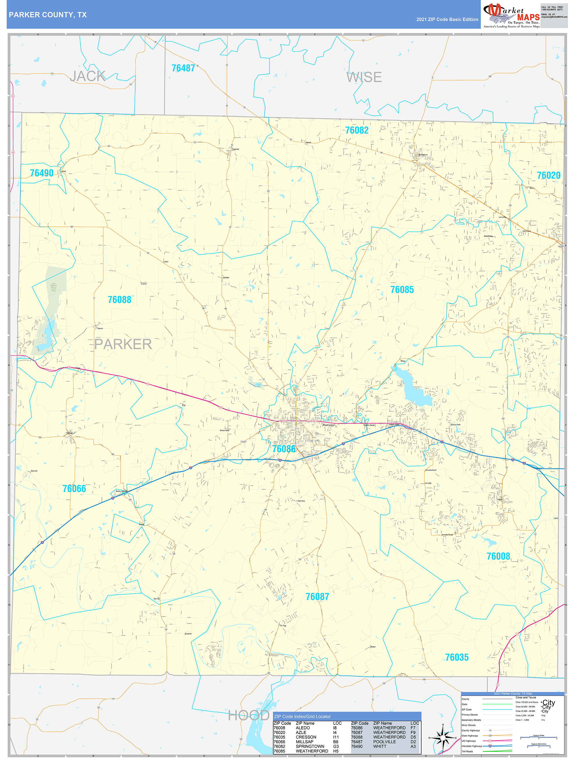 Parker County, TX Zip Code Wall Map Basic Style by MarketMAPS